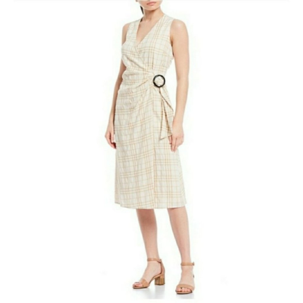 Alex Marie Maria Plaid Printed O-Ring Belted Faux-Wrap Dress  khaki/ivory size 6